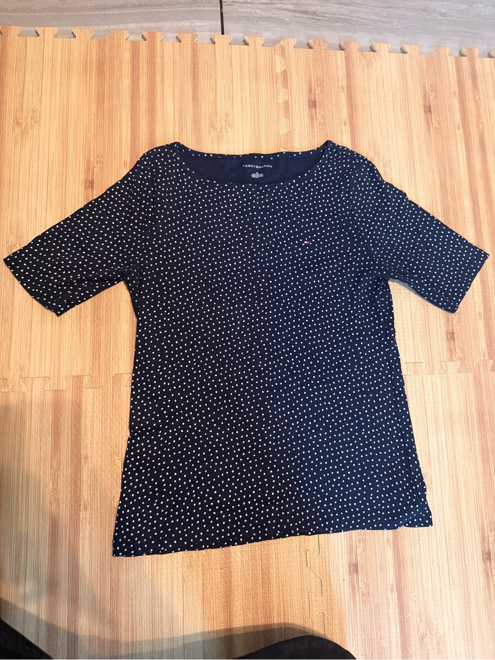Tommy Hilfiger Navy Polka Dot Short Sleeve 3/4 Top size Large